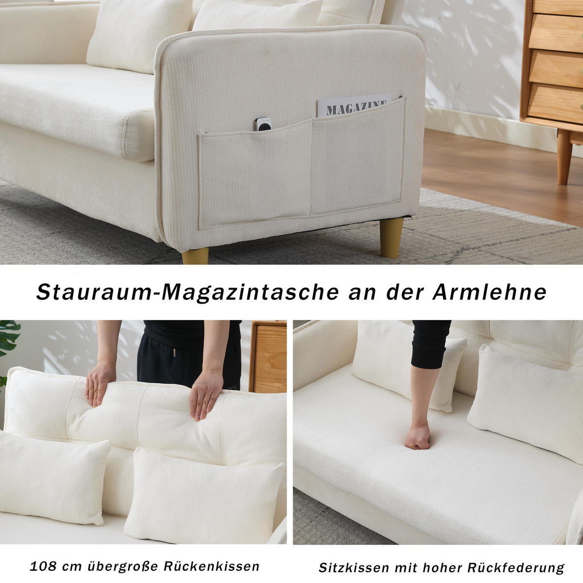 SCHLAFSOFA 127/75.5/83 cm Beige mit Armlehnen und Seitentaschen - Beige, Textil (75.5/83/127cm) - Oxeza