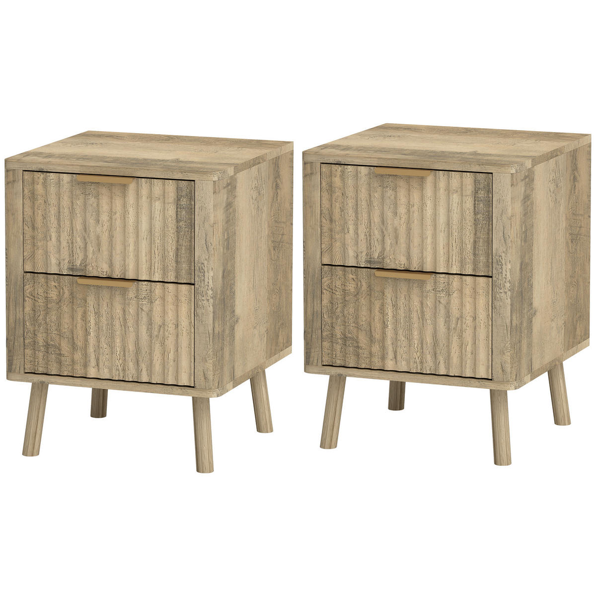 NACHTSCHRANK DE-12878 2 geriffelte Schubladen, goldene Griffe Eiche - Eichefarben, Holzwerkstoff (40/53/40cm) - ComfortXL