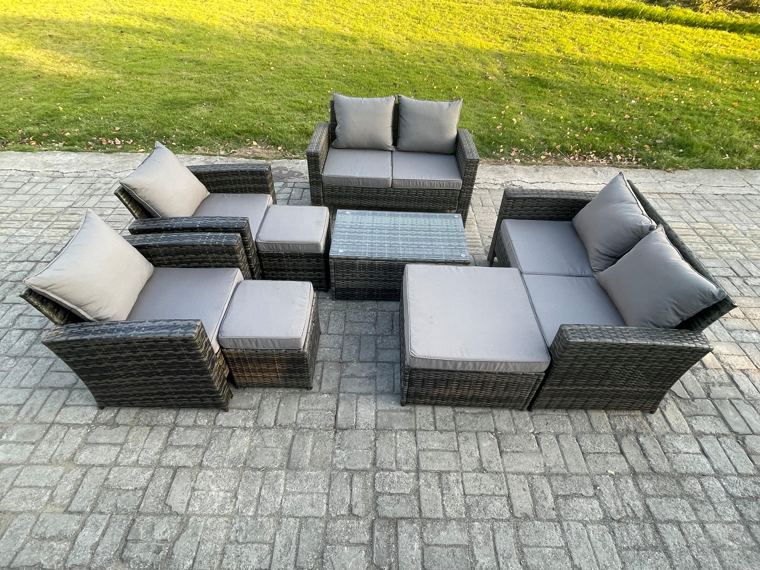 GARTENSOFA Hohe Rückenlehne Polyrattan Dunkelgrau 9-Sitzer - Dunkelgrau, Metall - Fimous