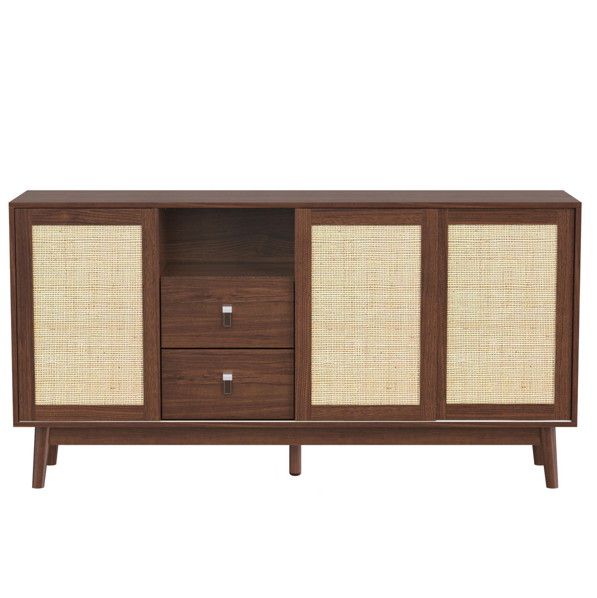 SIDEBOARD 155/38/80 cm aus MDF und Spanplatte mit Schiebetüren aus echtem Rattan Dunkles Holz - Nussbaumfarben, Holzwerkstoff (155/80/38cm) - Modenvie