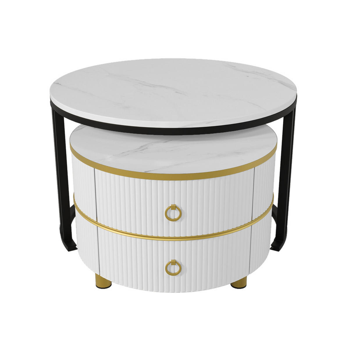 COUCHTISCH 2-in-1 Rund Hochglanz 2 Schubladen Schwarz-Weiß Gold - Weiß, Holz (81.5/78.5/14cm) - FLIEKS