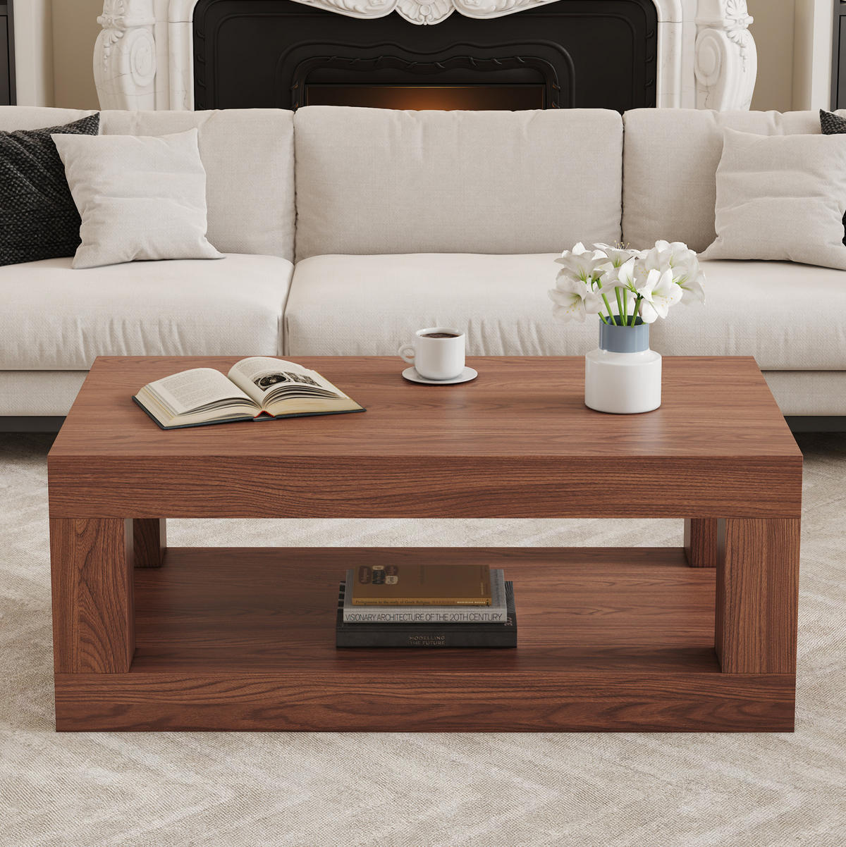 COUCHTISCH aus MDF in Walnuss 93x53x46 cm mit offenem Ablageregal - Walnussfarben, Holzwerkstoff (93/53/46cm) - Modfu