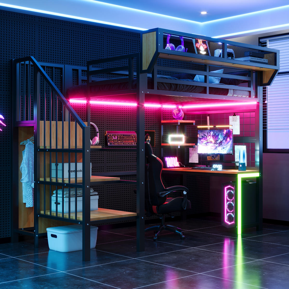 HOCHBETT 90/200 cm DE-01537, in Schwarz, mit Schreibtisch, LED-Beleuchtung und Steckdose - Schwarz, Metall (90/200cm) - ComfortXL