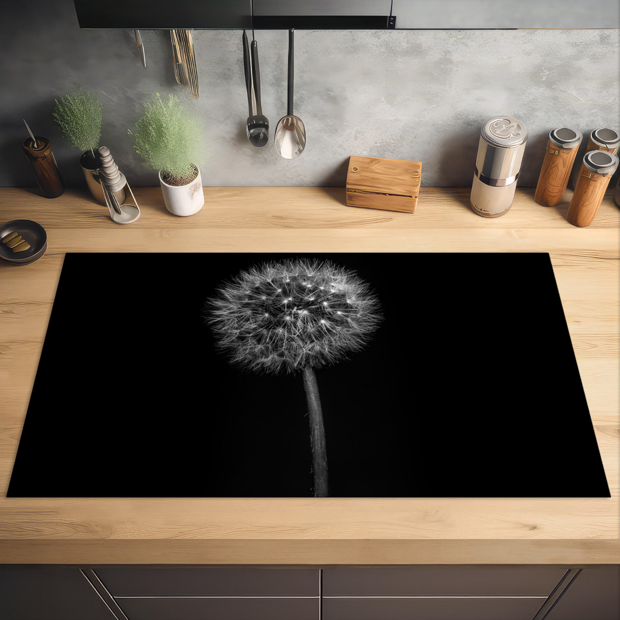 HERDABDECKPLATTE Löwenzahn - Schwarz - Floral - Botanisch 91x52 cm - Grau, Kunststoff (91.2/0.2/52cm) - MuchoWow