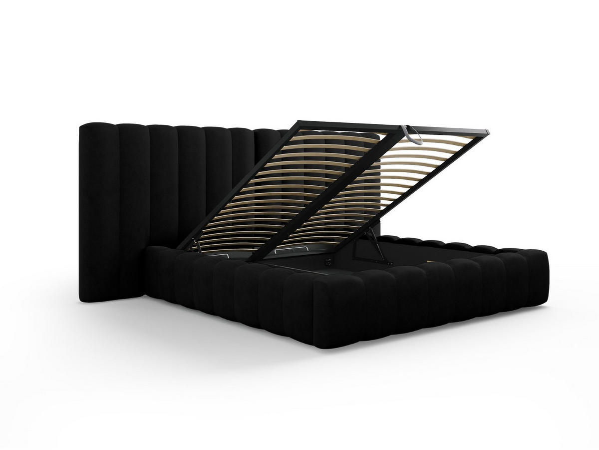BETT mit Bettkasten und Doppelkopfteil Kelp aus strukturiertem Stoff schwarz 140x200cm - Schwarz, Textil (140/200cm) - Micadoni