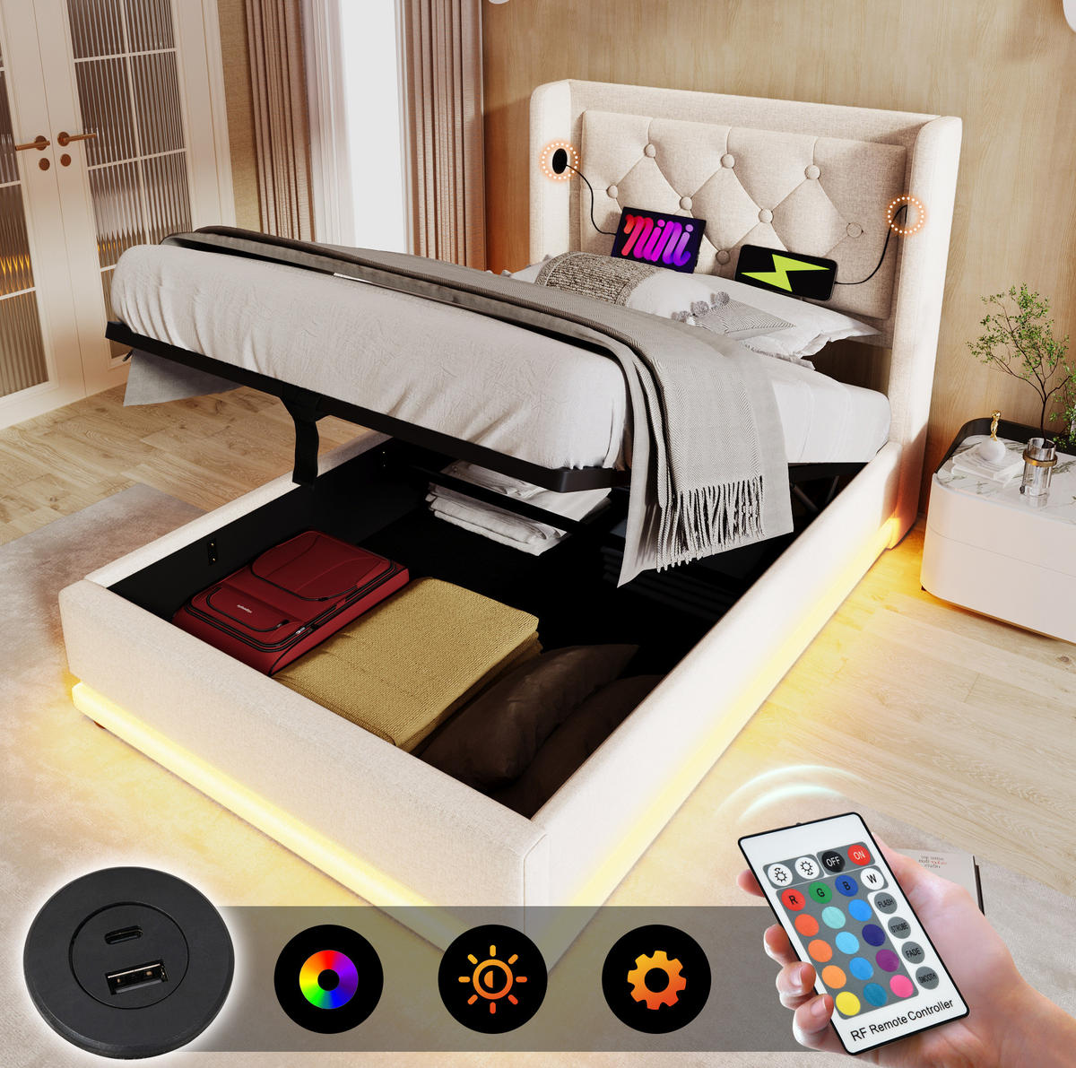 POLSTERBETT 90/200 cm mit USB, Typ-C, Matratze, 3-seitiger LED und hydraulischem Stauraum, Beige - Beige, Textil (90/200cm) - Redom