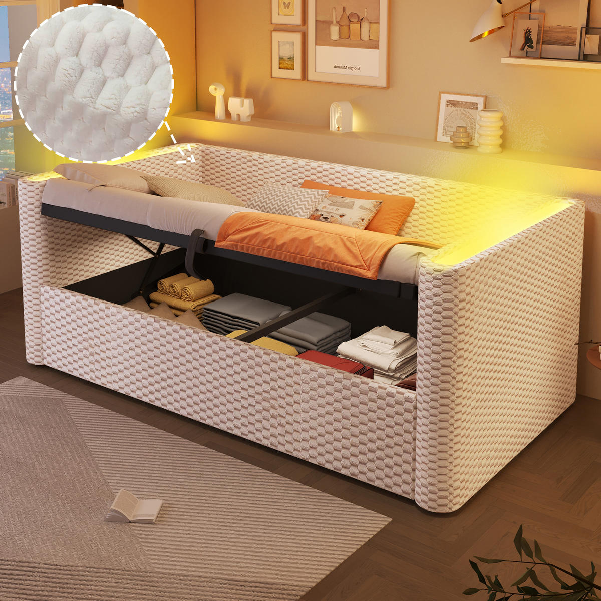 TAGESBETT mit Stauraum und LED 90x200 cm Samt Beige - Beige, Metall (90/200cm) - Meubliv