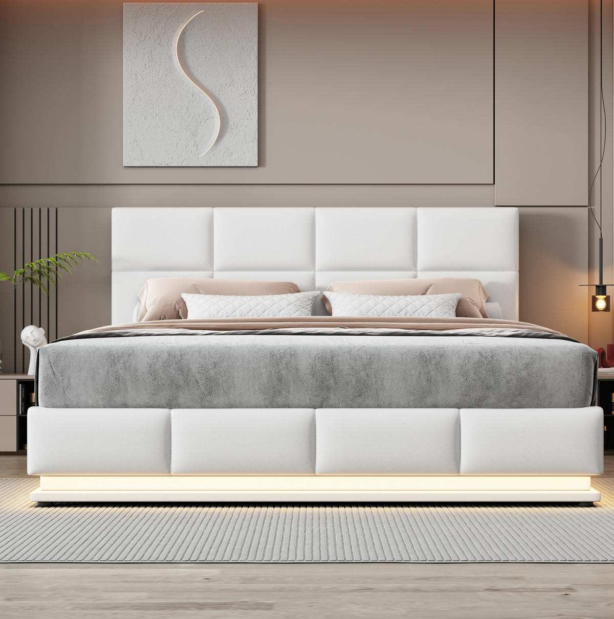 ČALÚNENÁ posteľ z MDF a kovu 180x200 cm biela s LED osvetlením, hydraulickým úložným priestorom a nastaviteľným čelom - biela, textil (180/200cm) - Modfu