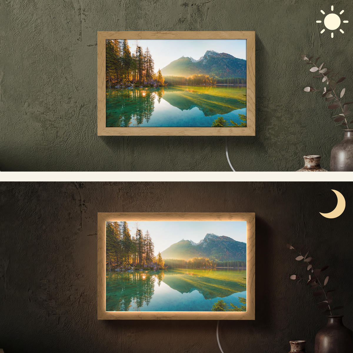WANDLEUCHTE See - Wald - Berge - Natur - Sonne - Landschaft 30x20 cm - Grün, Holzwerkstoff (30/20/8cm) - OnlyWow