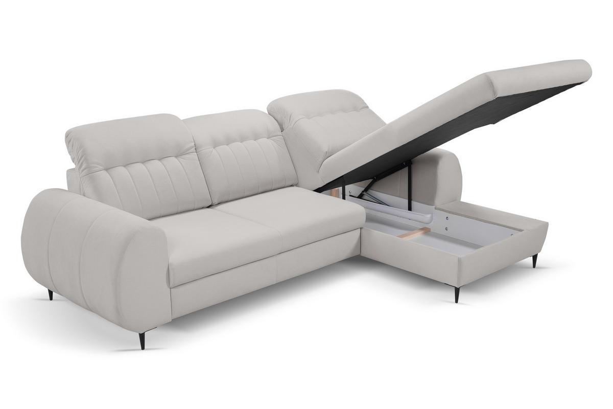 ECKSOFA PURO R-S Hellgrau Plüsch-Stoff mit Schlaffunktion - Hellgrau, Holz (275/166cm) - MASSENO