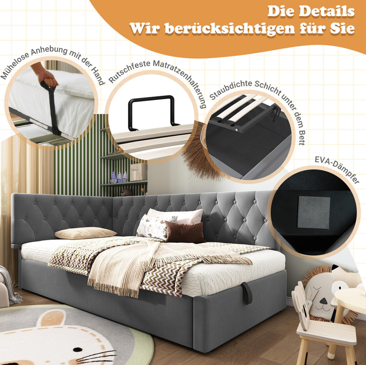 KINDERBETT Polsterbett 90/200 cm aus Samt mit hydraulischem Bettkasten Grau - Grau, Textil (90/200cm) - Modenvie