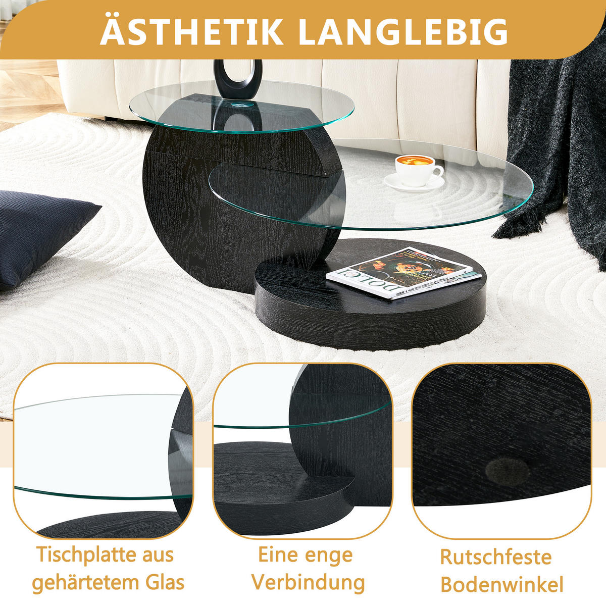 COUCHTISCH in Schwarz Wohnzimmertisch mit zwei Ebenen aus Sicherheitsglas für Wohnzimmer, B90/T70/H44 cm - Transparent/Schwarz, Glas/Holzwerkstoff (90/90/44cm) - STILVORA