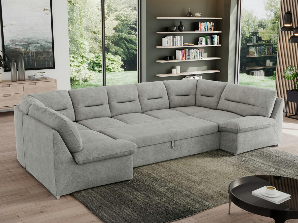 WOHNLANDSCHAFT MORBIDO U Hellgrau Struktur - Silberfarben/Hellgrau, Textil/Metall (340/93/206cm) - MKS
