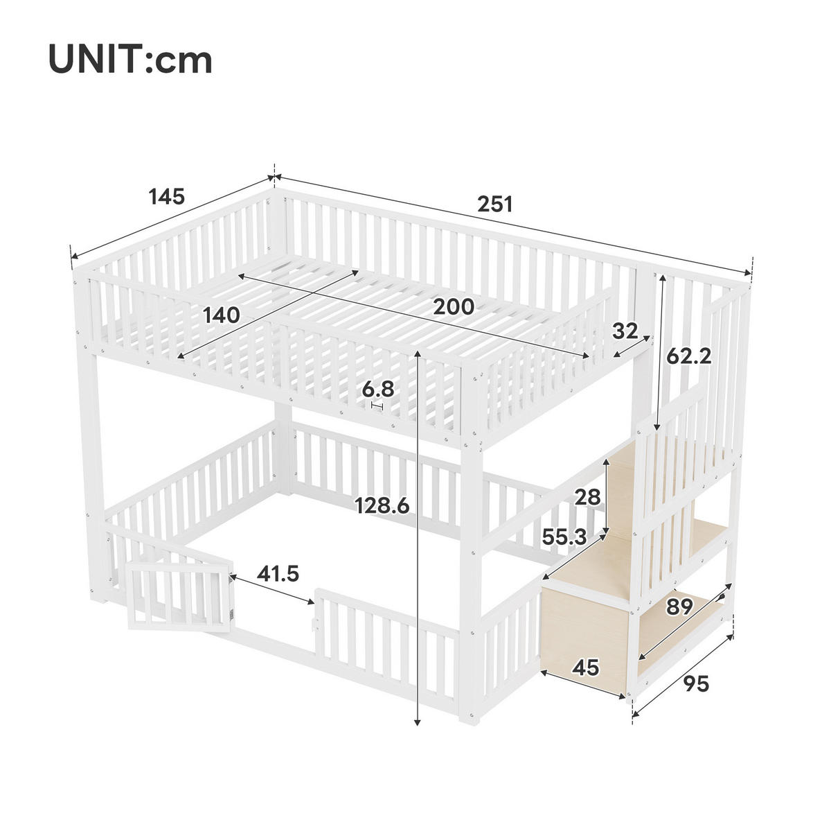 ETAGENBETT 140/200 cm aus Metall und MDF mit LED-Beleuchtung und Stauraumleiter Weiß - Weiß, Holzwerkstoff (140/200cm) - Modenvie