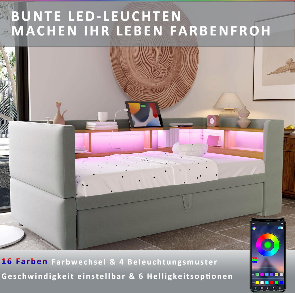 ČALÚNENÁ posteľ z flanelu 90x190 cm svetlosivá s LED osvetlením, zásuvkami a úložnými priehradkami - svetlosivá, textil (90/190cm) - Modfu