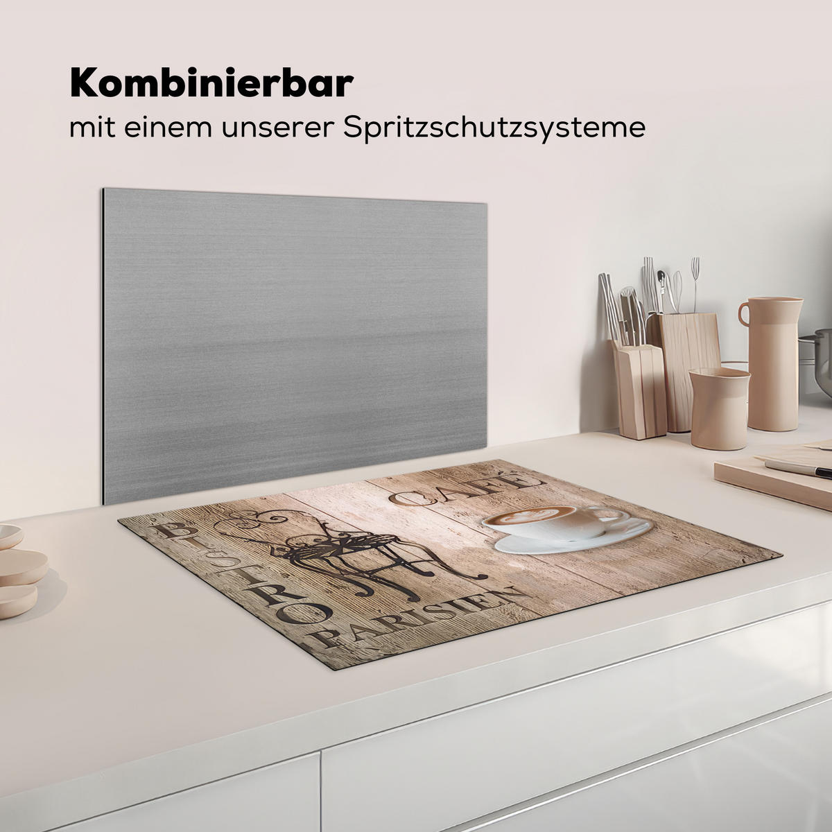 KRYT NA INDUKČNÍ DESKU Bistro Parisien - Kavárna - Káva - Vintage 70x52 cm - kapučínová, plast (70/52/0.2cm) - MuchoWow