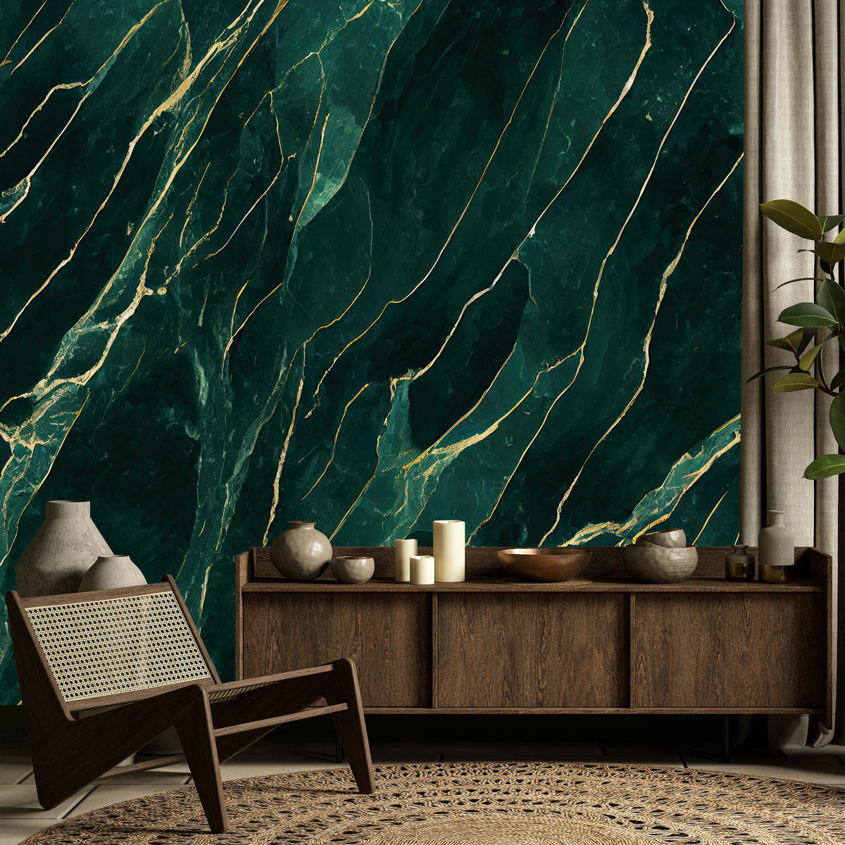 FOTOTAPETE für Wohnzimmer Eleganter Grüner Marmor Goldimitation 250x175 - Türkis/Grün, Papier (250/175cm) - Muralo
