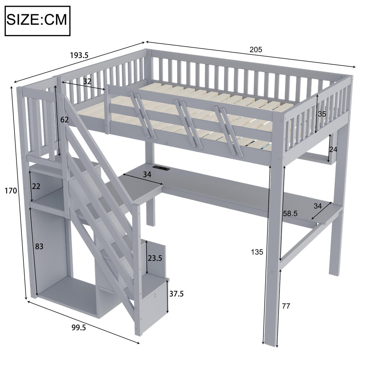 HOCHBETT 140/200 cm mit Stauraumtreppe und Schreibtisch, DE-01497, in Grau - Grau, Holzwerkstoff (140/200cm) - ComfortXL