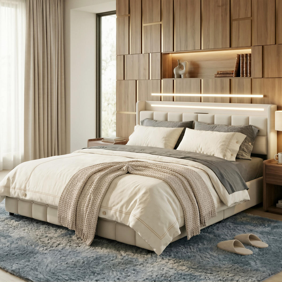 POLSTERBETT Geometrisch 180/200 cm mit 4 Schubladen & LED Leinenoptik Beige - Beige, Textil (180/200cm) - Creahappy