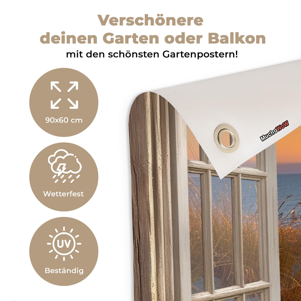 GARTENPOSTER Durchblick - Strand - Dünen - Sonnenuntergang 90x60 cm - Orange, Kunststoff (90/60/0.2cm) - OnlyWow