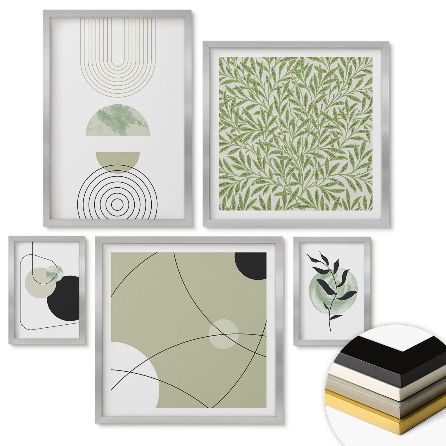 WANDBILDER 5er Set - 50x50 cm & 20x30 cm & 40x60 cm Silberner Rahmen - Abstrakte Pflanzenmotive - Silberfarben, Kunststoff (40/60cm) - ArtPrintCave