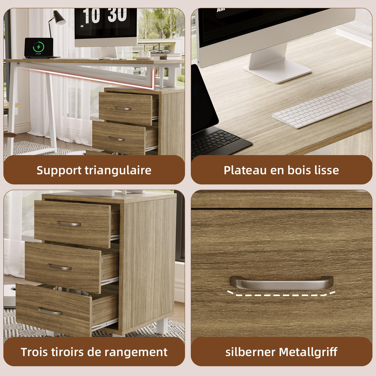 SCHREIBTISCH in Naturfarbe Bürotisch mit Schubladenschienen, 130/55/75cm - Weiß/Naturfarben, Holzwerkstoff/Metall (55/130/75cm) - STILVORA