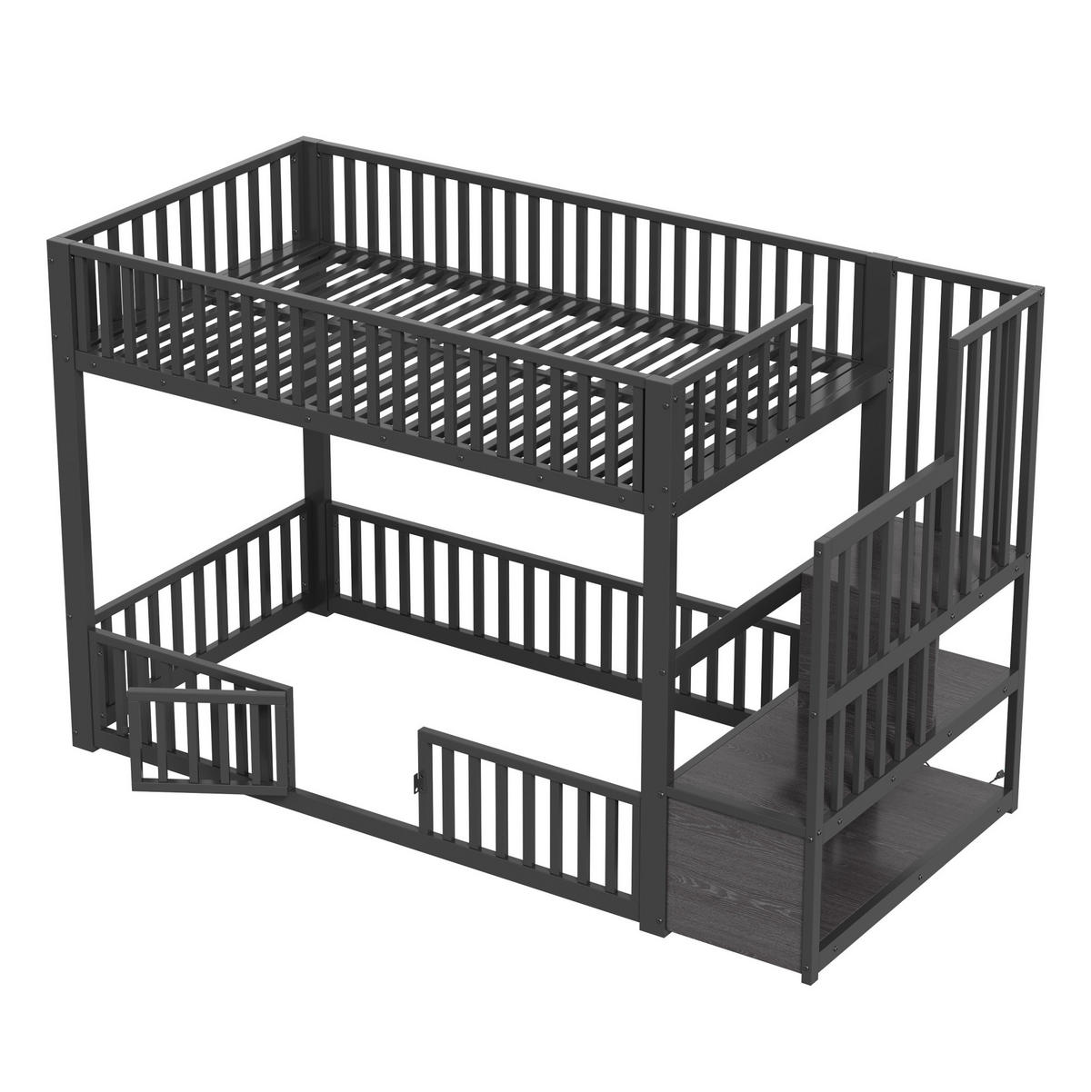 ETAGENBETT 90/200 cm mit LED-Beleuchtung, Stauraumleiter und Schutzgitter, Metall & MDF, Schwarz - Schwarz, Holzwerkstoff (90/200cm) - Redom