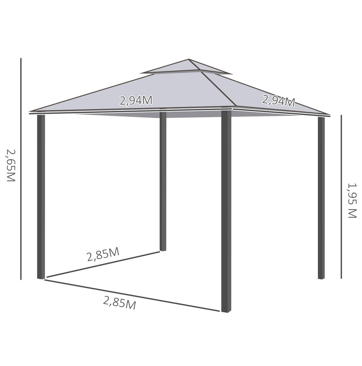 PAVILLONS aus Polyester 294x294x265 cm in Grau mit 4 Seitenteilen - Grau, Textil (294/265/294cm) - Modfu