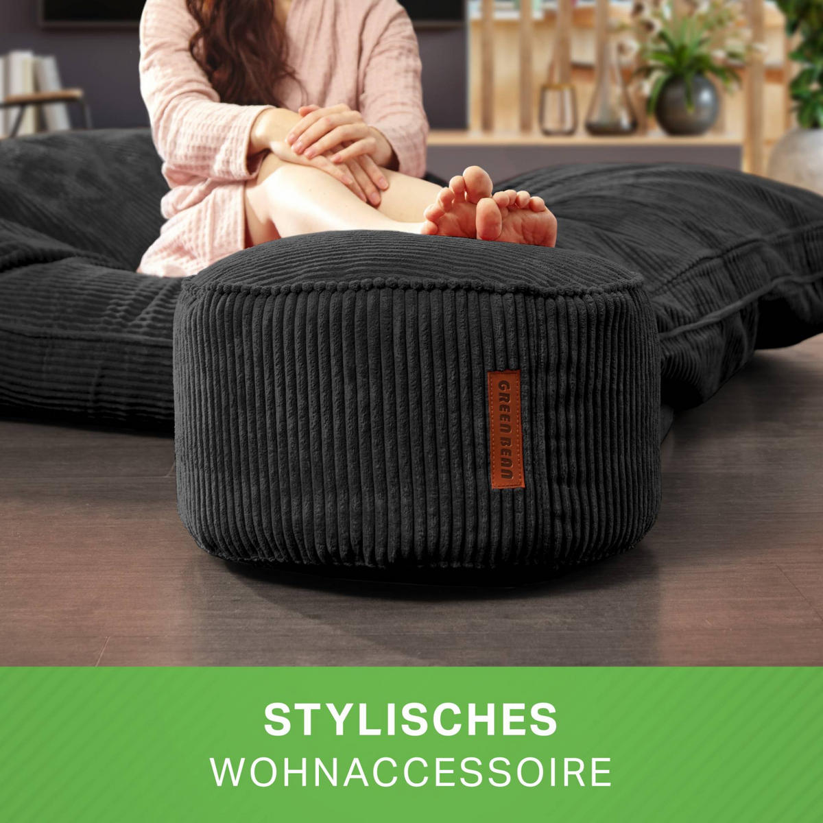 SITZSACK-HOCKER Pouf "Cord" 45x25cm - Schwarz, Textil (45/25/45cm) - Green Bean