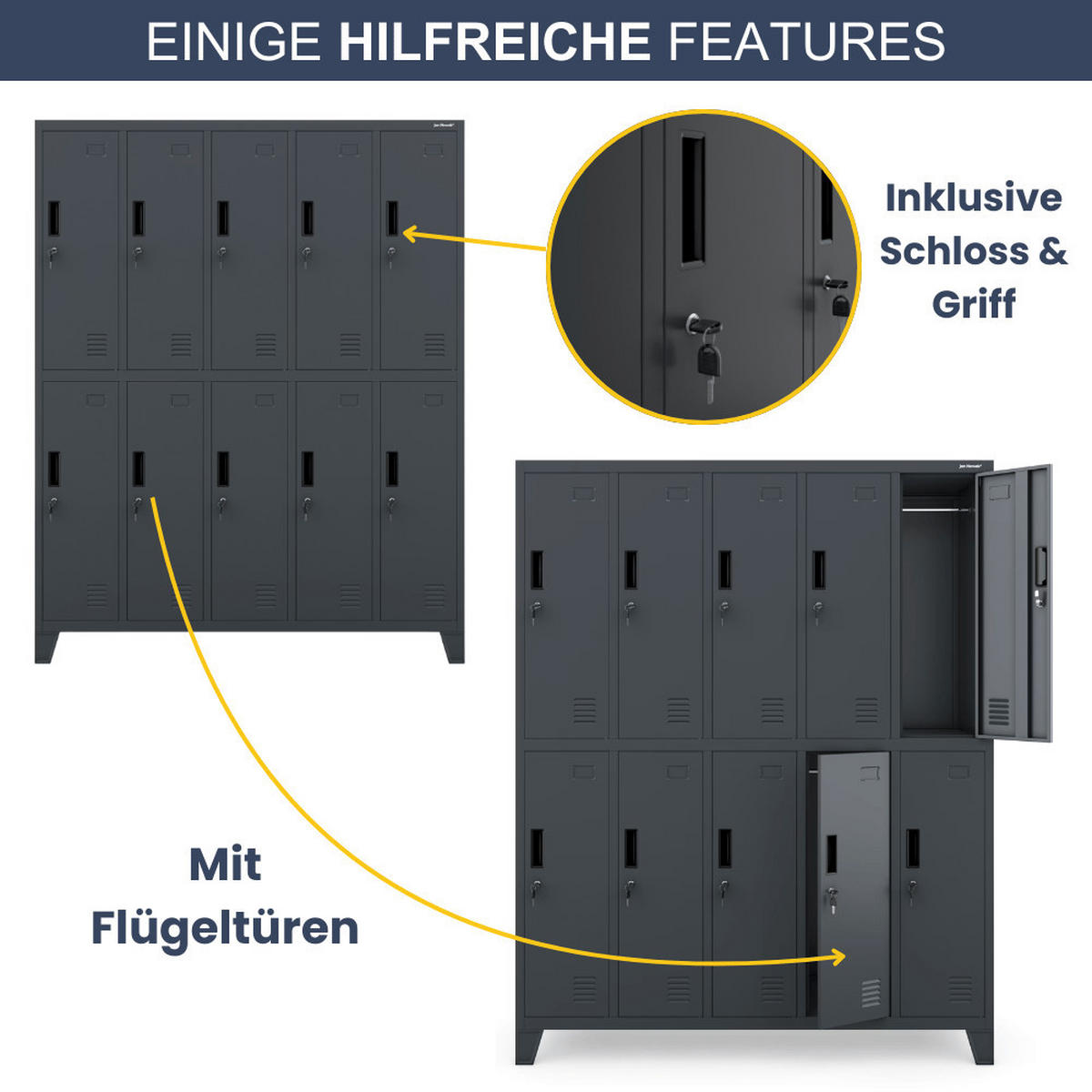 UMKLEIDESCHRANK Spind BERLIN 10 Abteile 172x136x45cm Anthrazit - Anthrazit, Metall (136/172/45cm) - DELUKE
