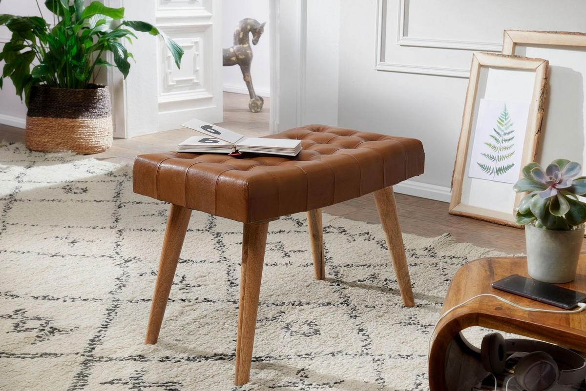 SITZHOCKER – Echtleder/Naturholz, modern, 120 kg Belastbarkeit - Braun, Mangoholz/Leder (67/47/39cm) - KADIMA DESIGN