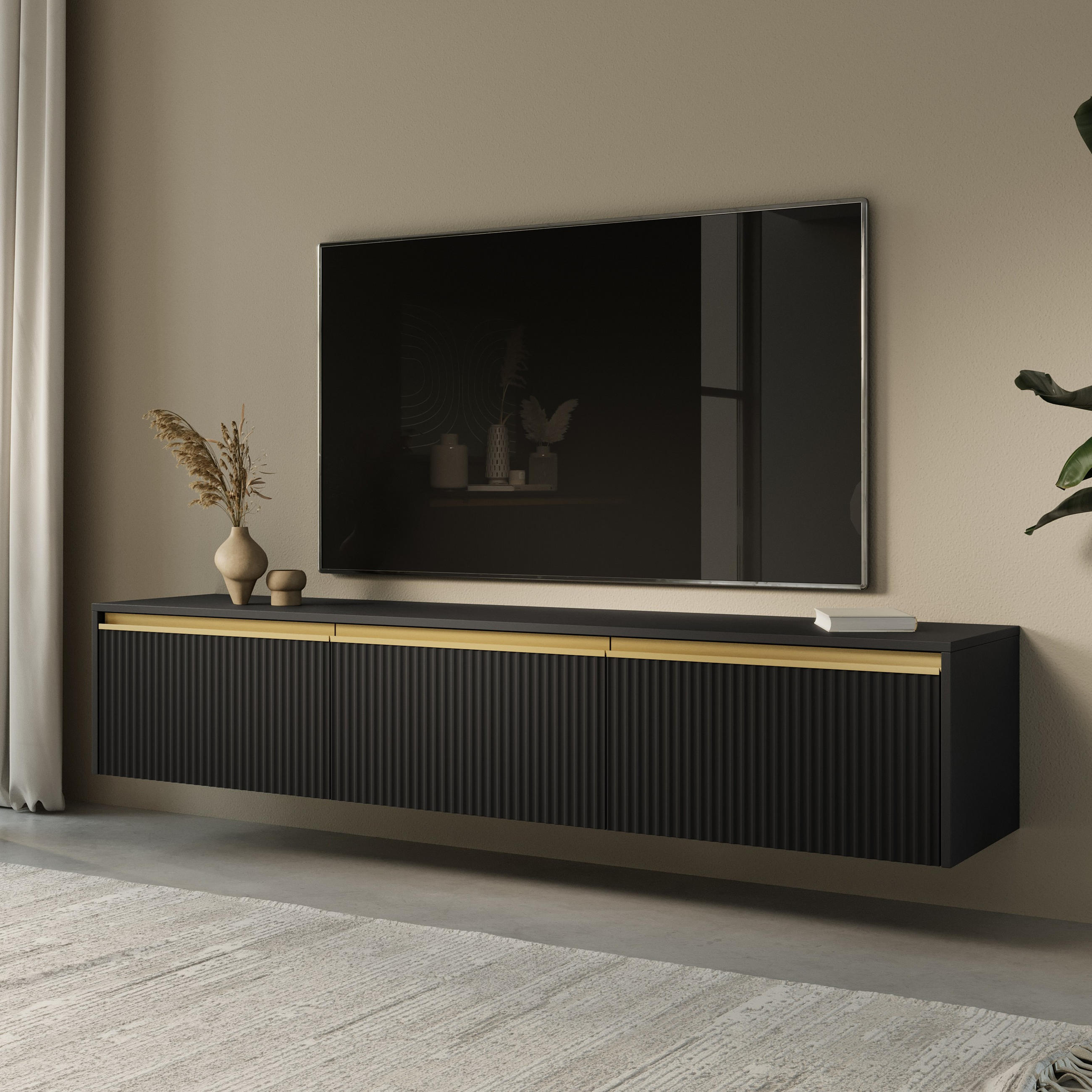 LOWBOARD MAESTRO 180x39x42 cm mit 3 Türen Schwarz - Schwarz, Holzwerkstoff (180/42/39cm) - MASSENO