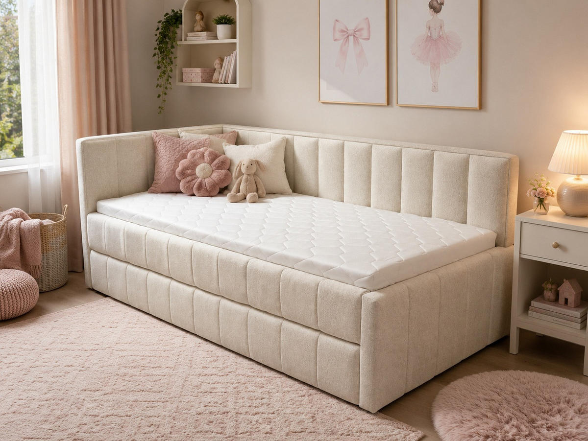 POLSTER-KINDERBETT LUKA 90x200 cm, links, mit Ausziehbett – Ecru - Ecru, Textil - KS Home Concept
