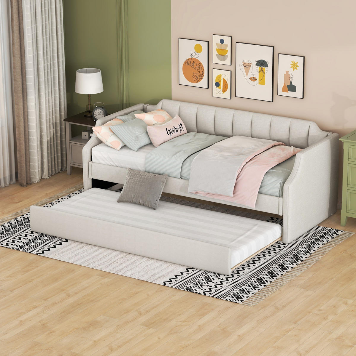 ČALÚNENÁ posteľ z bavlnenej ľanovej látky 213x97x81 cm béžová s výsuvným lôžkom a zaoblenými podrúčkami - béžová, textil (90/200cm) - Modfu