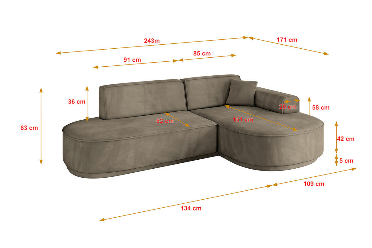ECKSOFA Ottomane Rechts MARI-L1-v3 - 243x171x83 cm Dunkelbraun Velours - Dunkelbraun/Schwarz, Holzwerkstoff/Kunststoff (171/243cm) - ALTDECOR