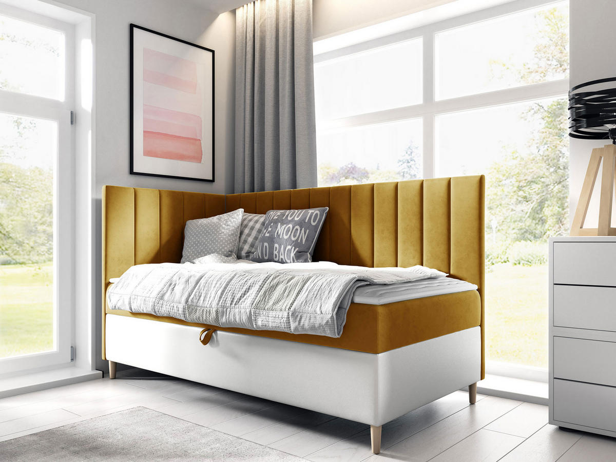 BOXBETT Maja Junior 3, Seite zum Öffnen des Bettkastens: Links - Gelb/Weiß, Holz (100/200cm) - MIRJAN24