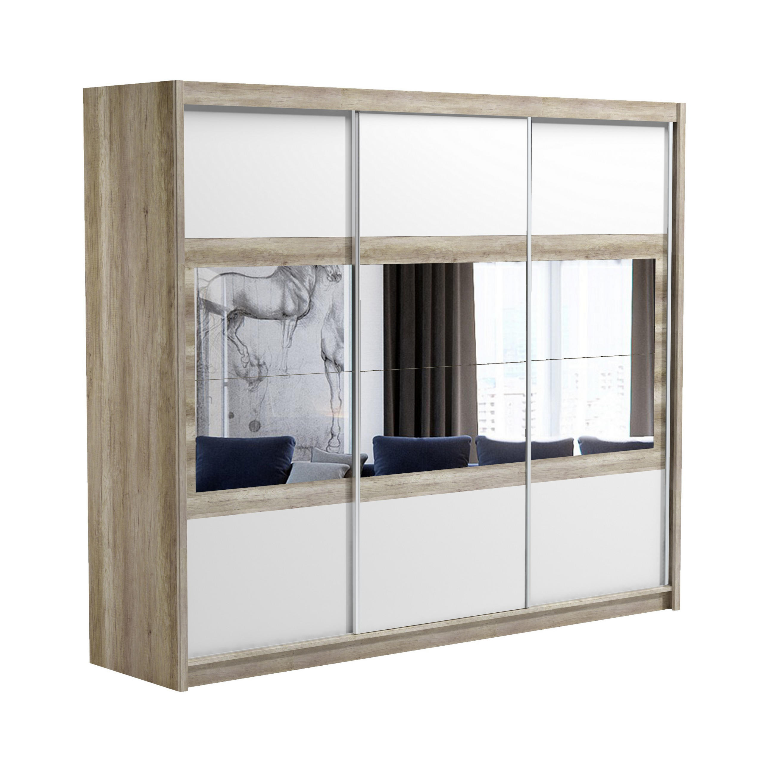 SCHWEBETÜRENSCHRANK POPPY 250/215/61 cm 3-türig mit Spiegel Eichefarben - Eichefarben/Weiß, Holzwerkstoff (250/215/61cm) - MASSENO