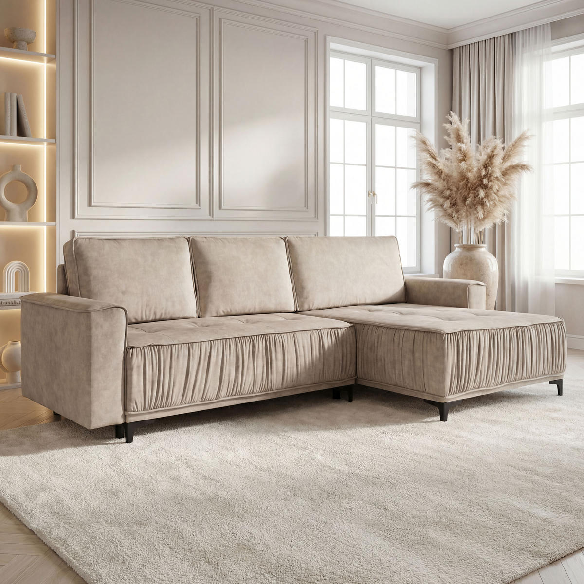 ECKSOFA Velora mit Schlaffunktion & Stauraum, Universell Rechts/Links, Beige Samt 270/92/150 cm - Beige/Schwarz, Textil/Metall (270/150cm) - WFL GROUP