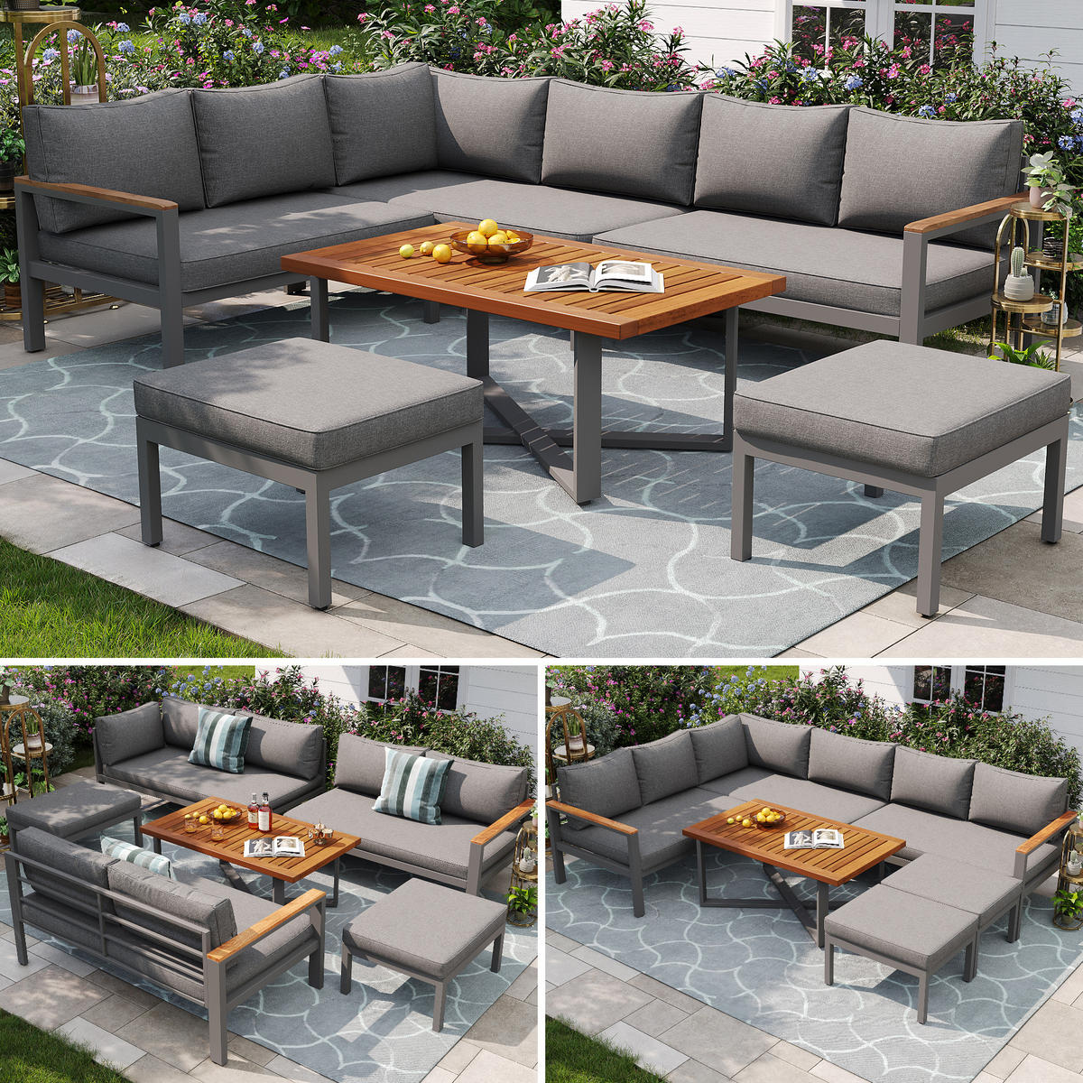 GARTENLOUNGE-SET 114/60/78,5 cm dunkelgrau aus Metall und Polyester mit Tisch - Grau, Metall - OKWISH