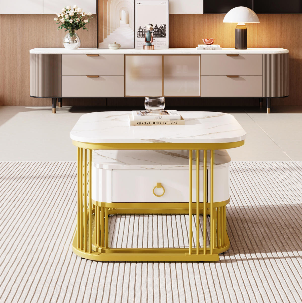 COUCHTISCH 2‑teilig MDF Hochglanz Marmoroptik mit goldenen Metallakzenten und Schublade 60/60/45 + 50/50/34 cm, Weiß und Gold - Weiß, Holzwerkstoff (60/60/45cm) - Redom