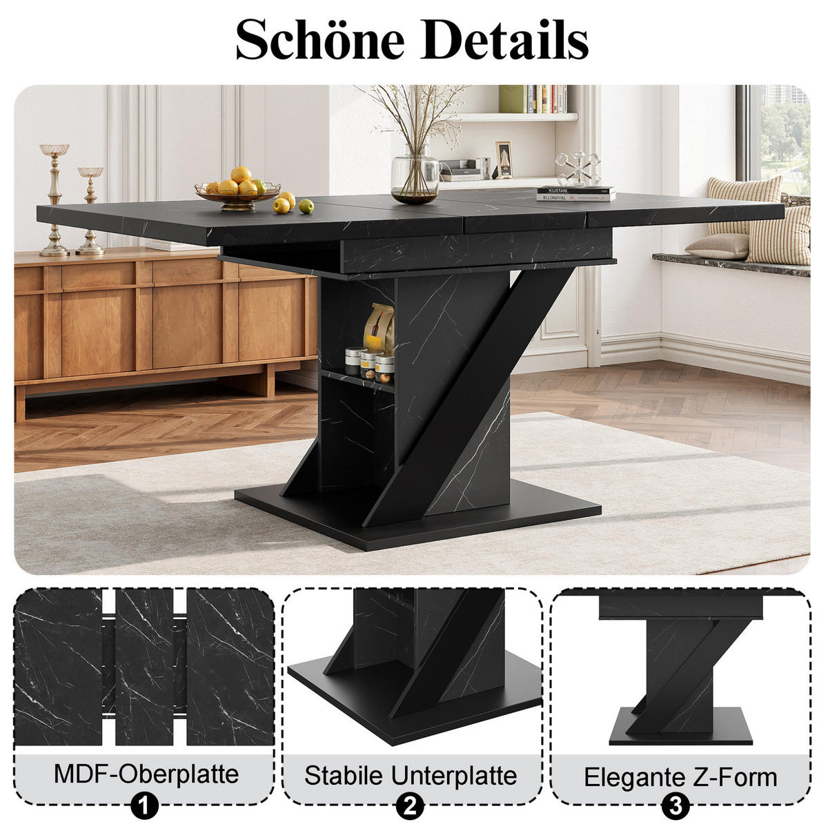 AUSZIEHBARER Esstisch aus MDF, 110-140/80/75 cm, Schwarz, mit Metallgestell - Schwarz, Holzwerkstoff (110/80/75cm) - Redom