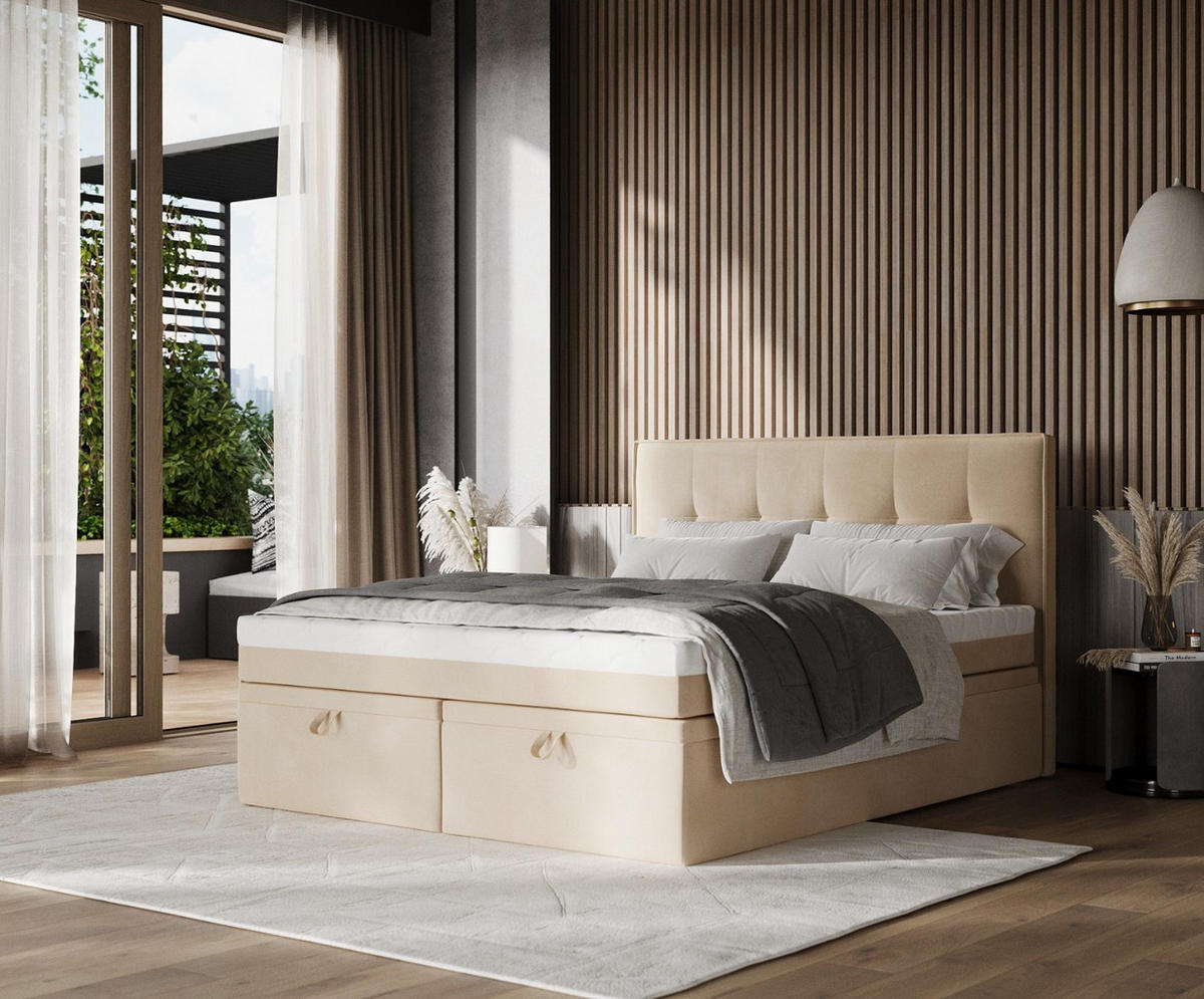 BOXBETT Arivo 200/200 cm Beige im Kronos Stoff - Beige/Schwarz, Holz/Holzwerkstoff (200/200cm) - AltaBeds