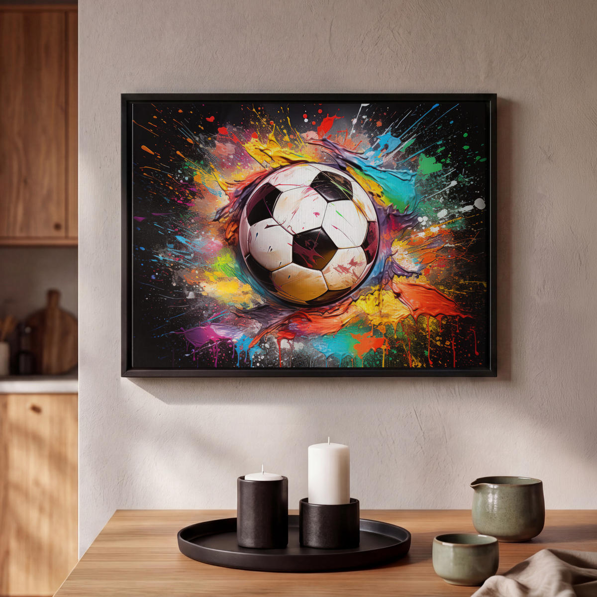 LEINWAND Bilder mit Rahmen - Fußball - Farbe - Farben - Schwarz - Weiß - 40x30 - Weiß, Textil (40/30cm) - MuchoWow