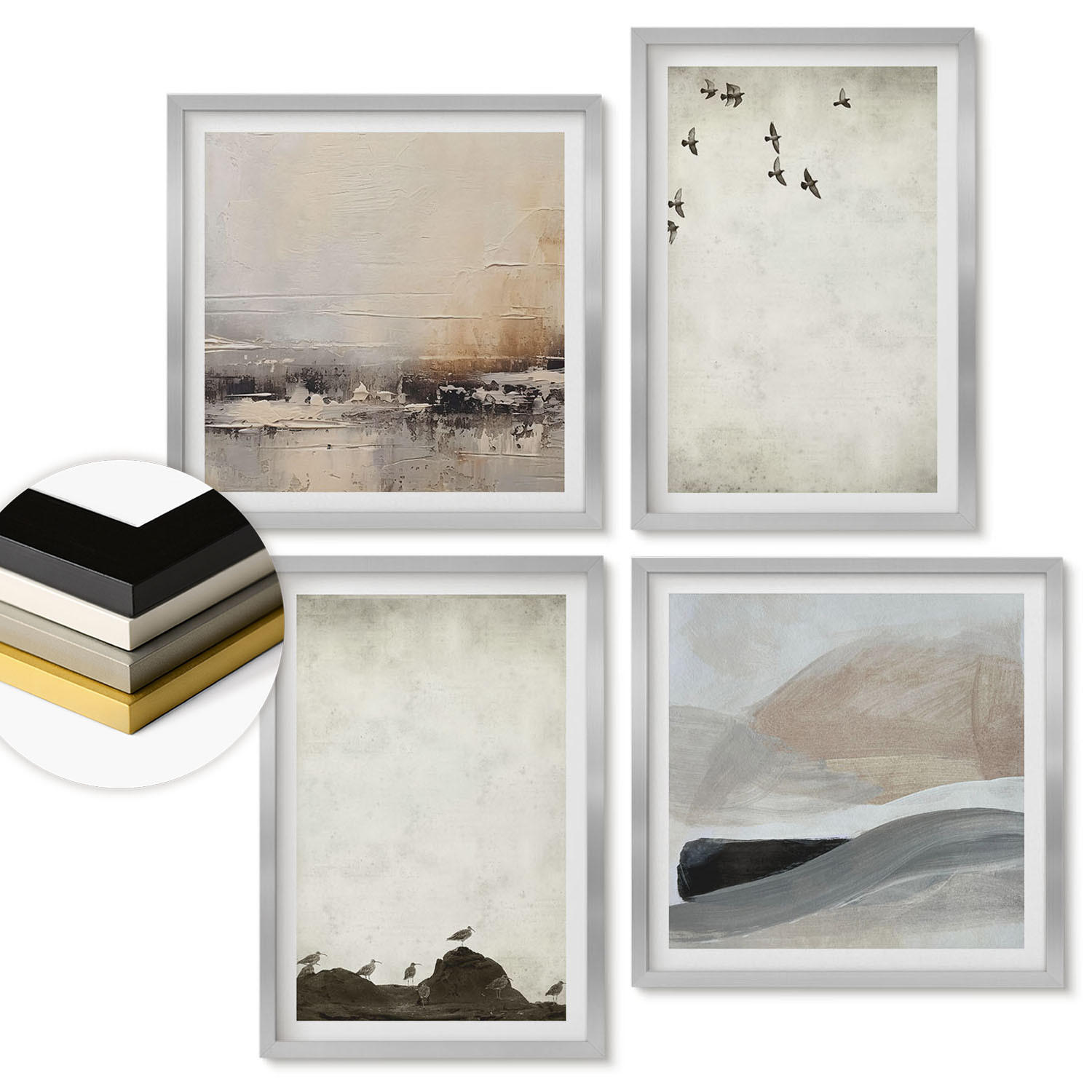 WANDBILDER 4er Set - 50x50 cm & 40x60 cm Silberner Rahmen - Vögel, Steine, Pinselstriche, Verzierungen - Silberfarben, Kunststoff (50/50cm) - ArtPrintCave