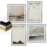 WANDBILDER 4er Set - 50x50 cm & 40x60 cm Silberner Rahmen - Vögel, Steine, Pinselstriche, Verzierungen - Silberfarben, Kunststoff (50/50cm) - ArtPrintCave