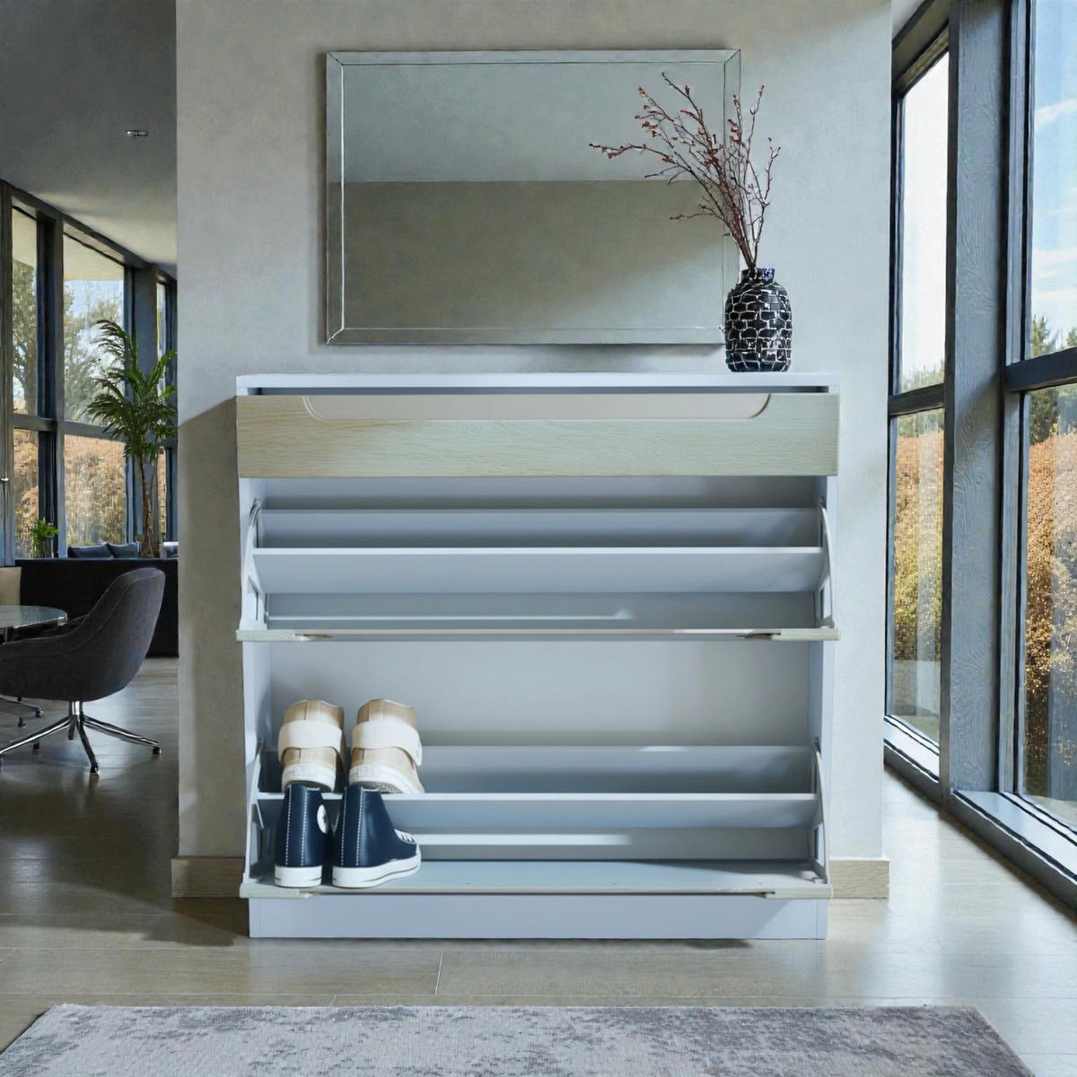 SCHUHSCHRANK Venezia Schmal mit 2 Klappen und 1 Schublade, Platzsparender Schuhkipper, Schwarz Hochglanz (89 x 95,5 x 23 cm) - Schwarz Hochglanz, Holzwerkstoff (89/95.5/23cm) - InnoFurn