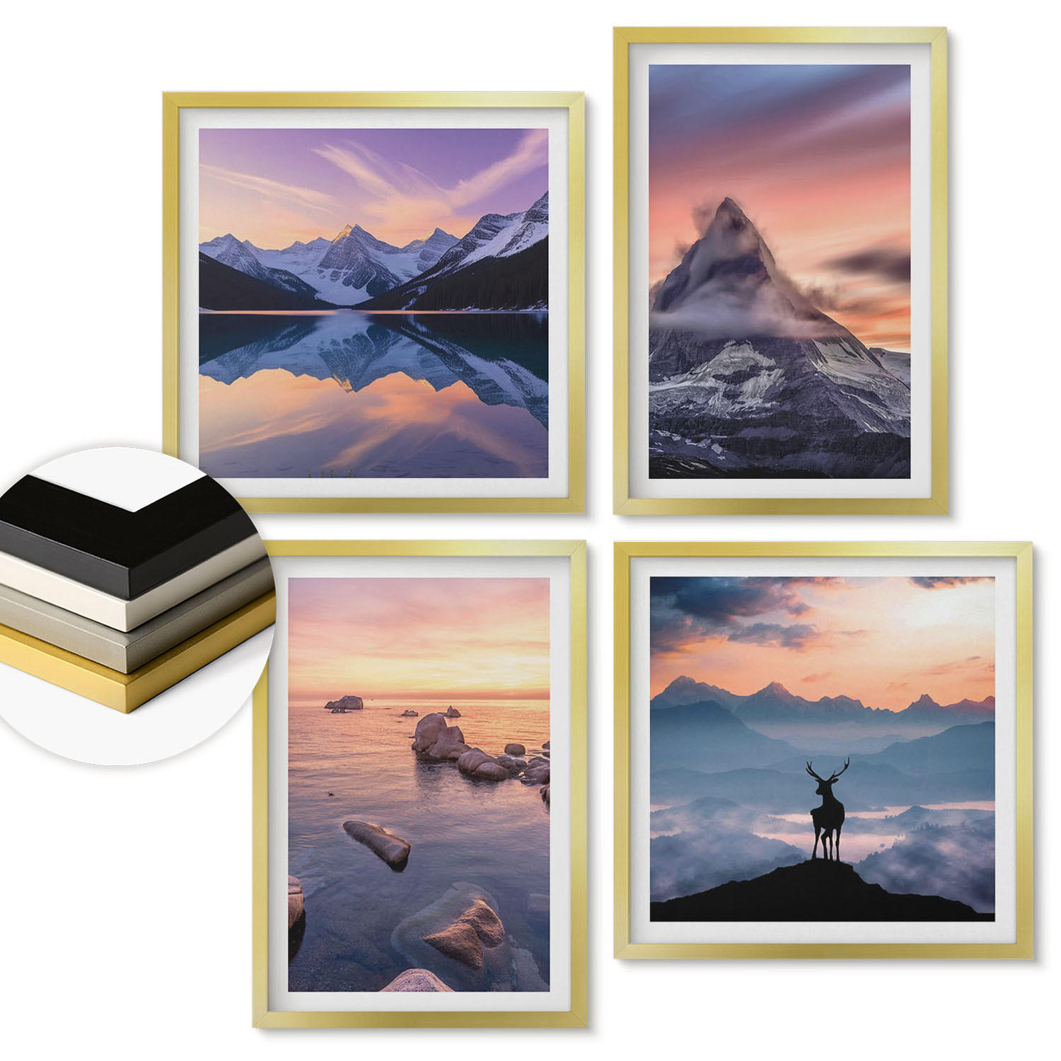 WANDBILDER 4er Set - 50x50 cm & 40x60 cm Goldrahmen - Landschaften Berge Seen jelen - Goldfarben, Kunststoff (50/50cm) - ArtPrintCave