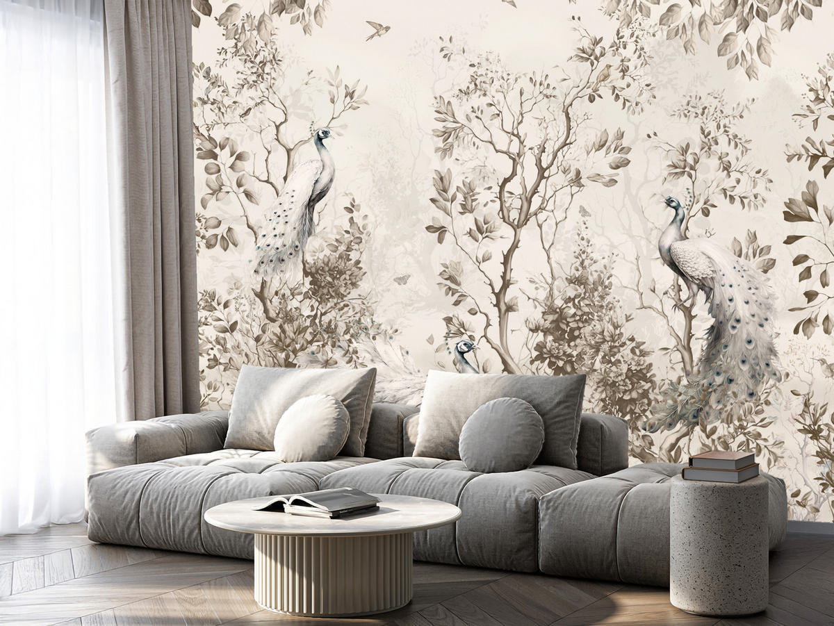 FOTOTAPETE für Wohnzimmer Pfauen Zwischen Bäumen Büsche Blätter 100x70 - Beige, Papier (100/70cm) - Muralo