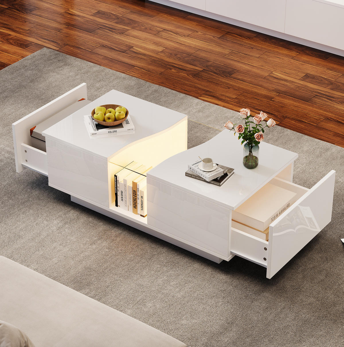 COUCHTISCH aus MDF 100x50x35 cm in Weiß mit LED-Beleuchtung & 2 Schubladen - Weiß, Holzwerkstoff (100/50/35cm) - Modfu