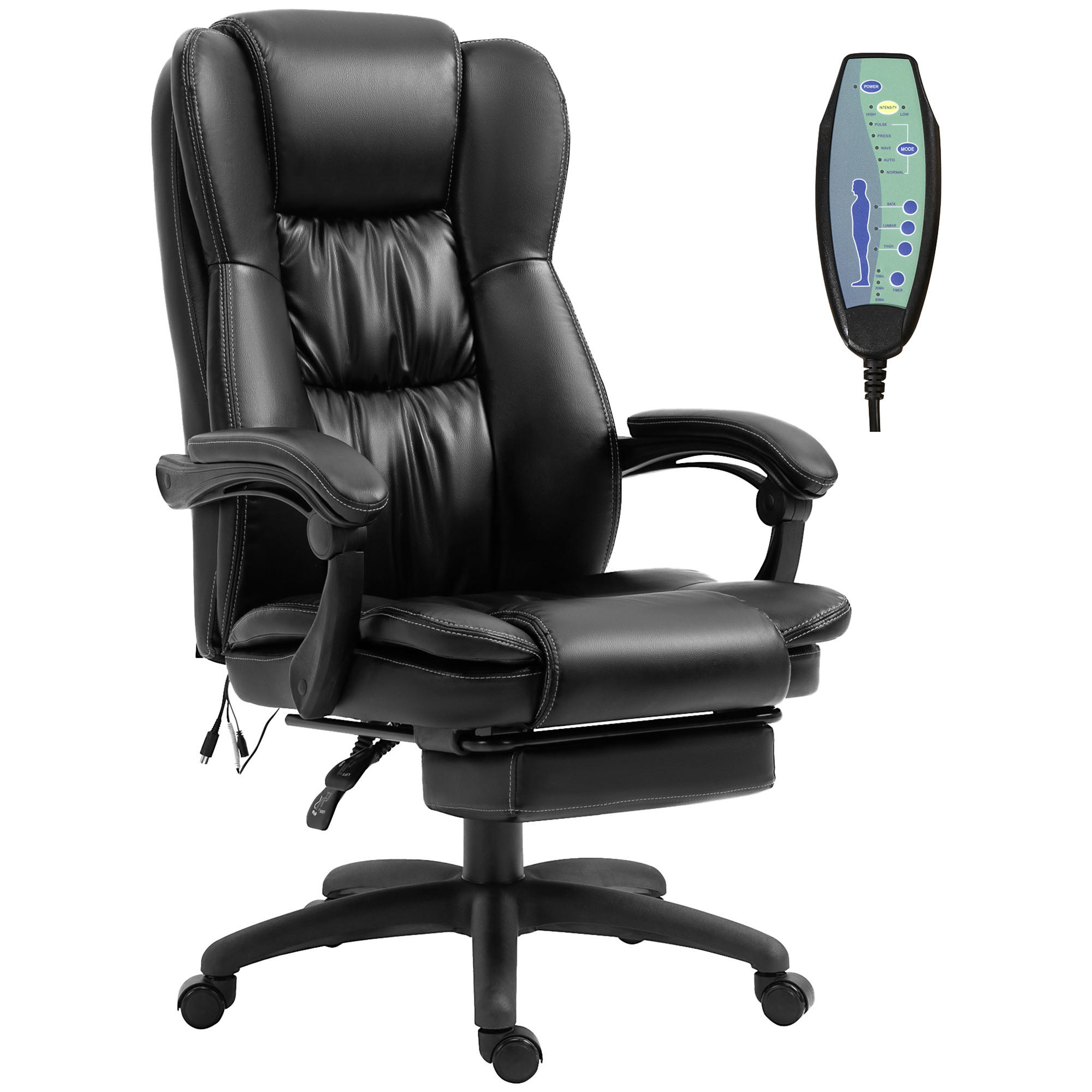 VERSTELLBARER Drehstuhl mit Fußstütze, Kopfstütze, Massagefunktion, Schwarz - Schwarz, Kunststoff (68.5/121/68.5cm) - Vinsetto